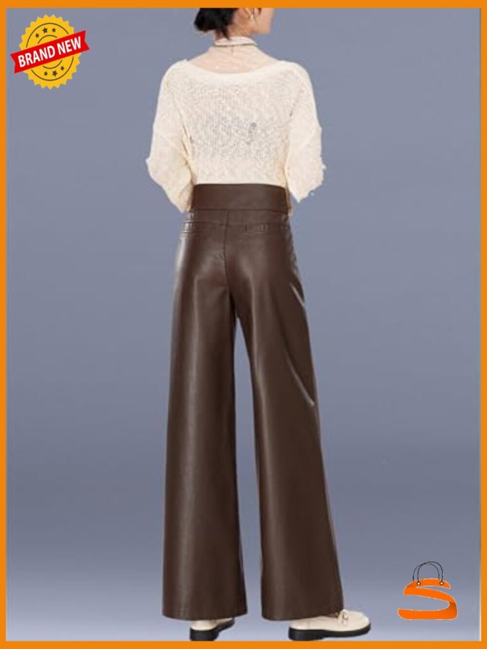 High Waist Wide Leg Faux Leather Palazzo Pants With Pockets - Picture 4 of 5